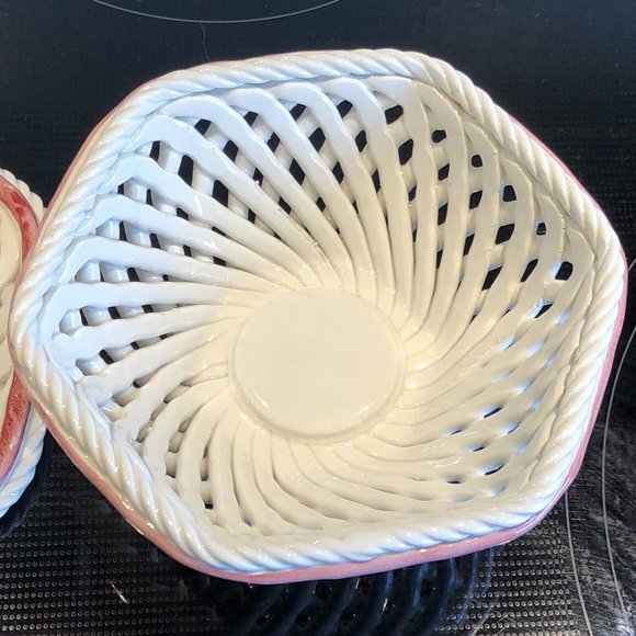 Vintage Italian Ceramic Reticulated Covered Dish  Pink/White - Picture 9 of 14